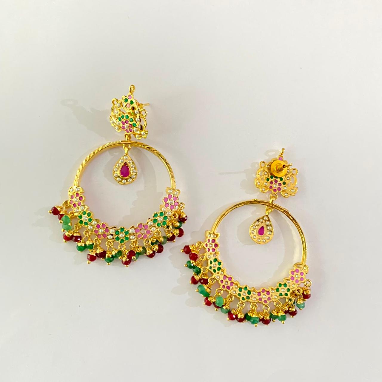 Gold Plated Ruby $ Green Jadau Chand Bali
