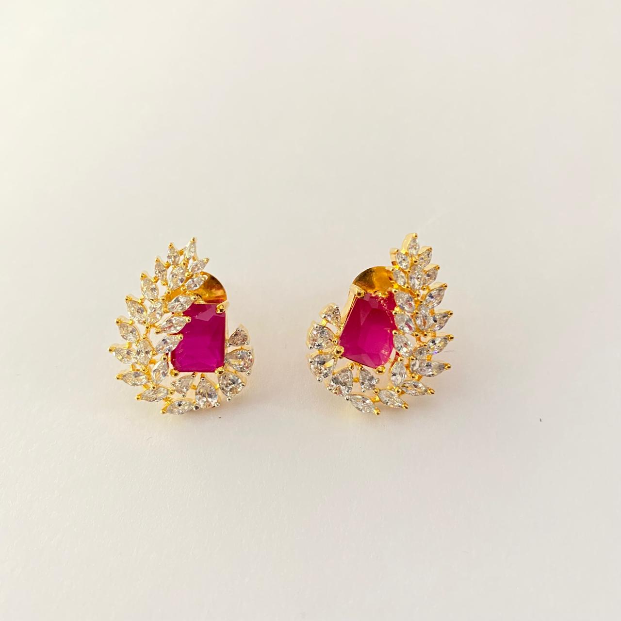 Ruby Center Stone with Teardrop Shape Diamond Gold Plated Stud