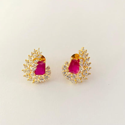 Ruby Center Stone with Teardrop Shape Diamond Gold Plated Stud