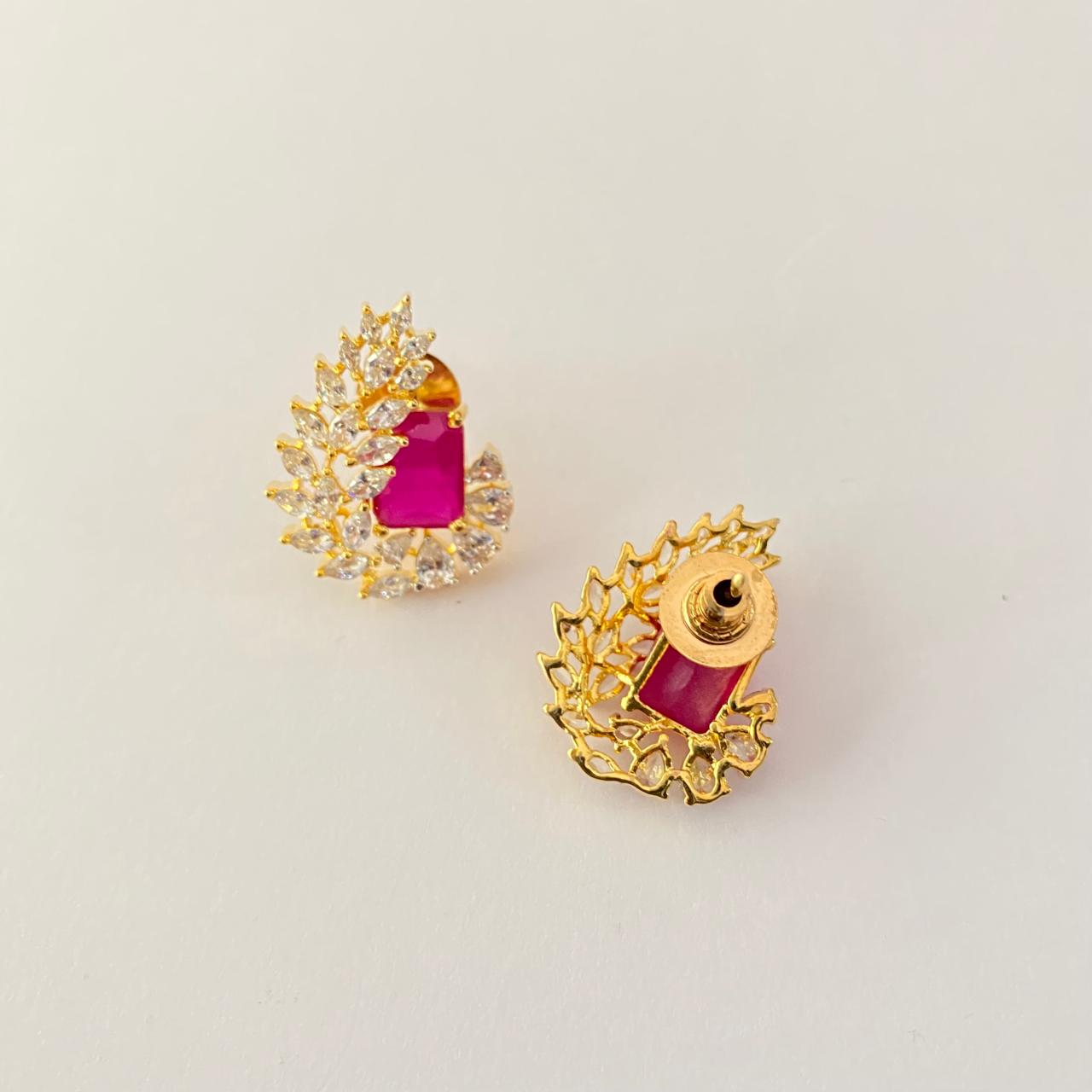 Ruby Center Stone with Teardrop Shape Diamond Gold Plated Stud