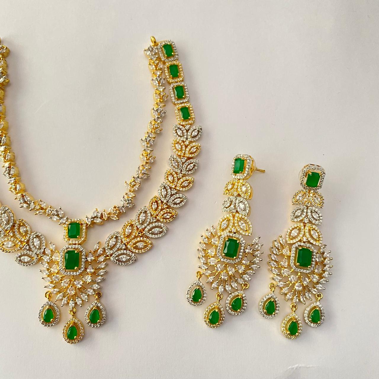 Gold Plated Double Layer Green Diamond  Necklace Set