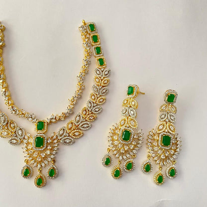 Gold Plated Double Layer Green Diamond  Necklace Set