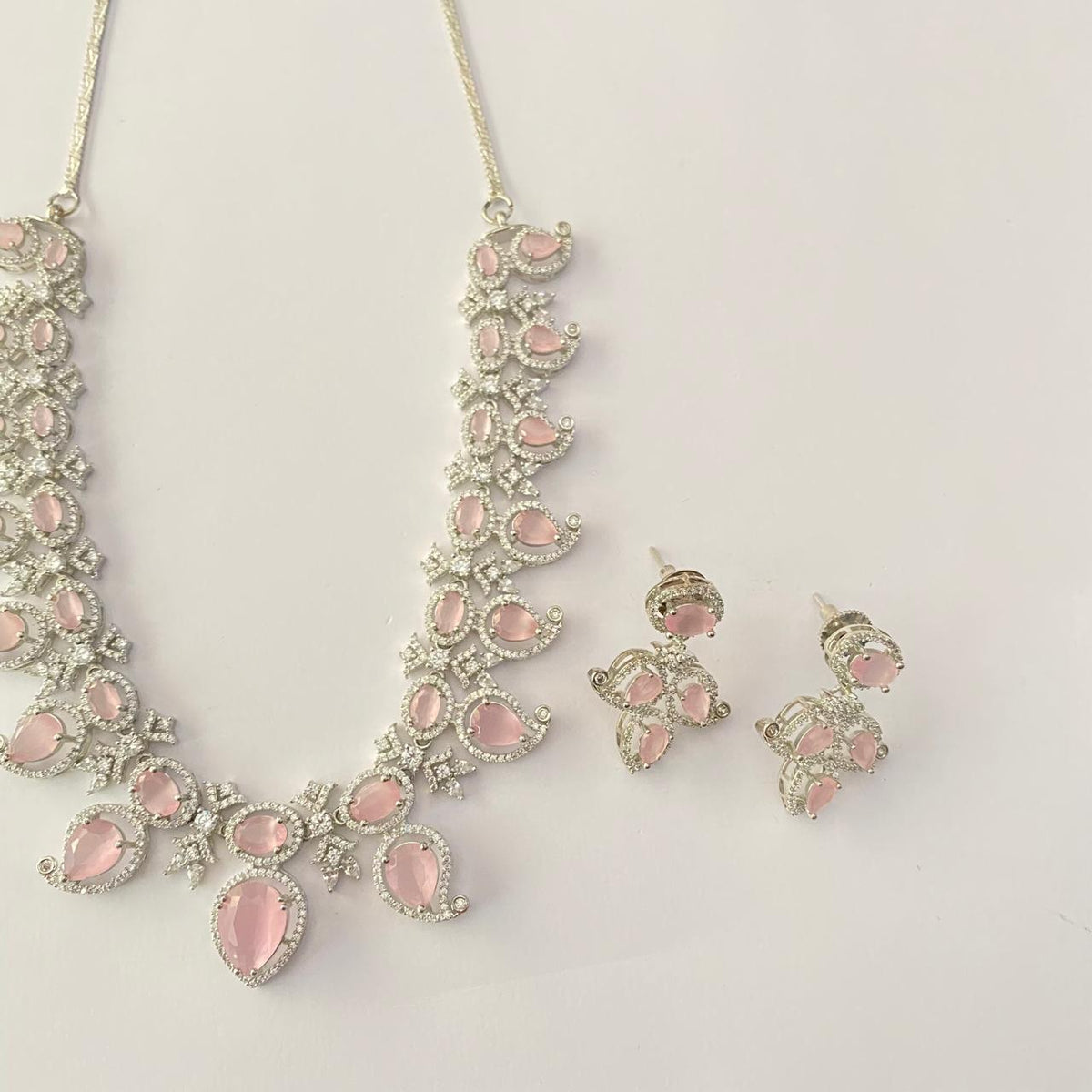 Silver Plated Pink Diamond Necklace Set