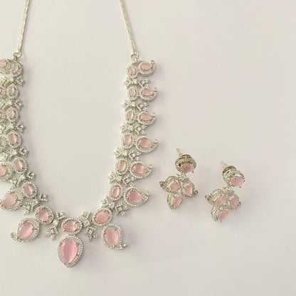 Silver Plated Pink Diamond Necklace Set