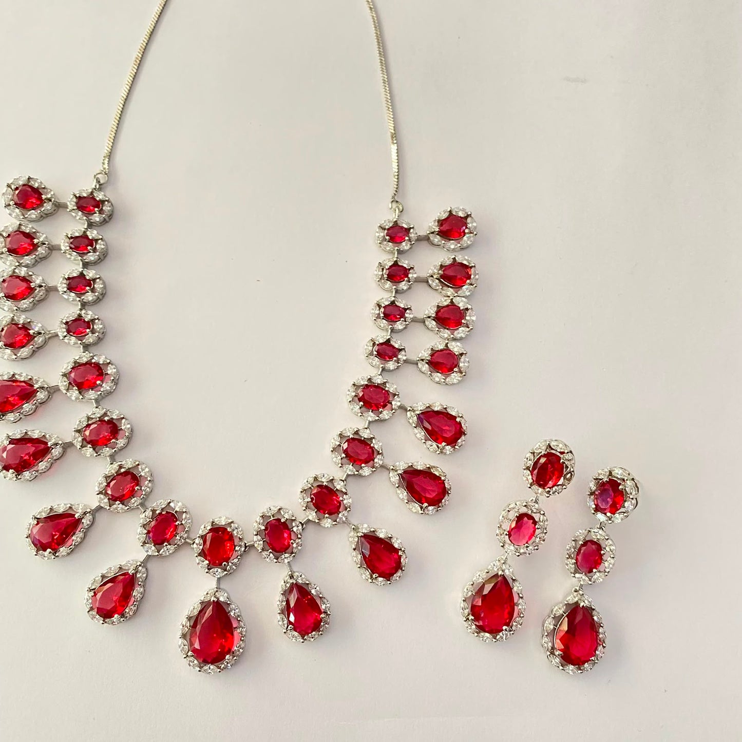 Silver Plated Ruby Diamond Necklace Set