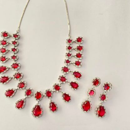 Silver Plated Ruby Diamond Necklace Set
