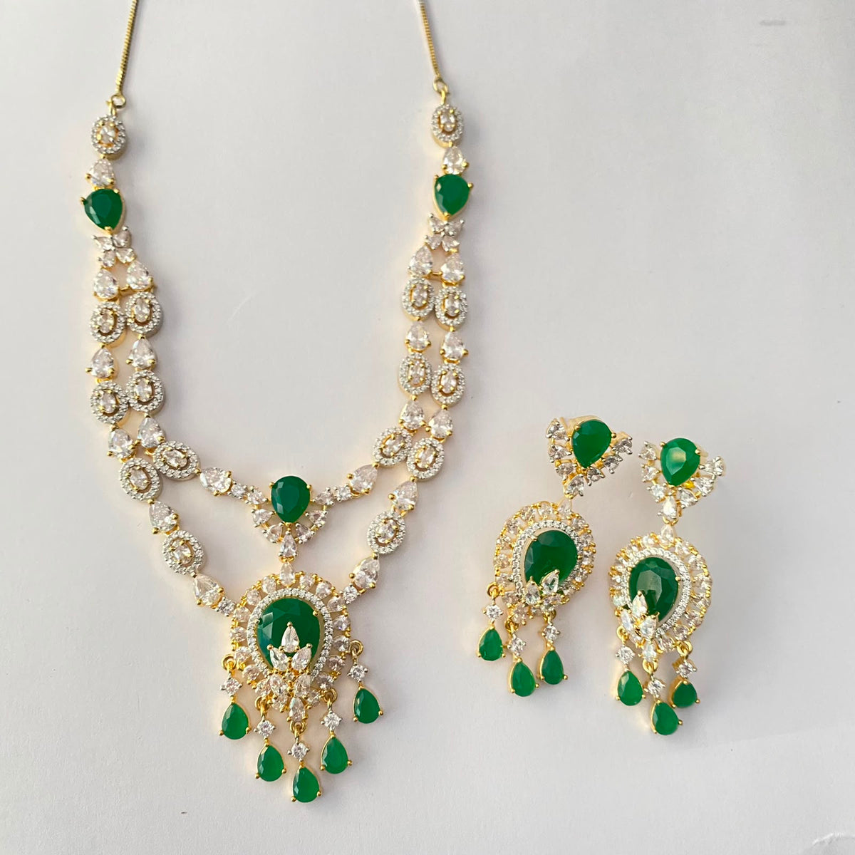 Green Stone Gold Plated Diamond Necklace Set