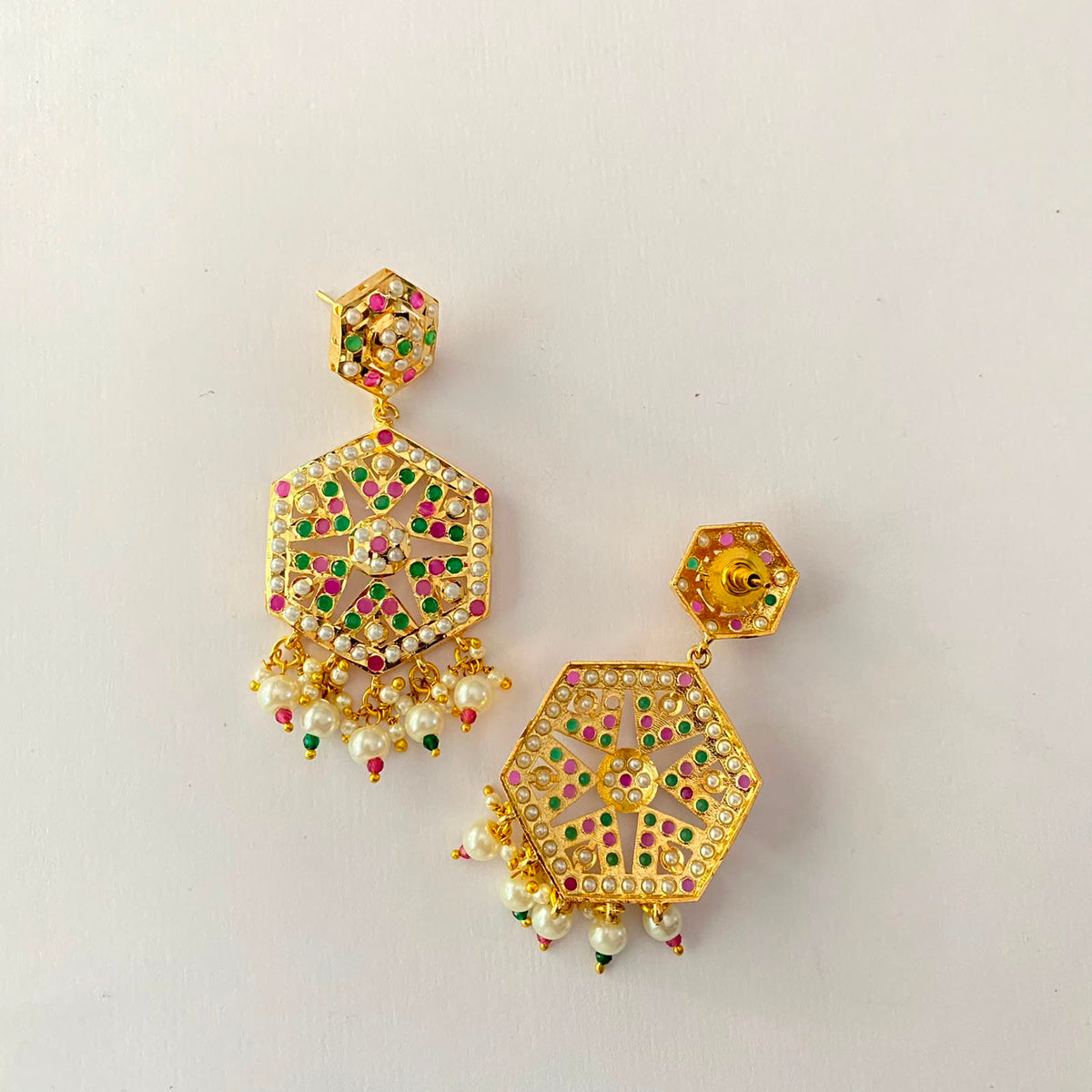 Gold Plated Ruby & Green Jadau Earring