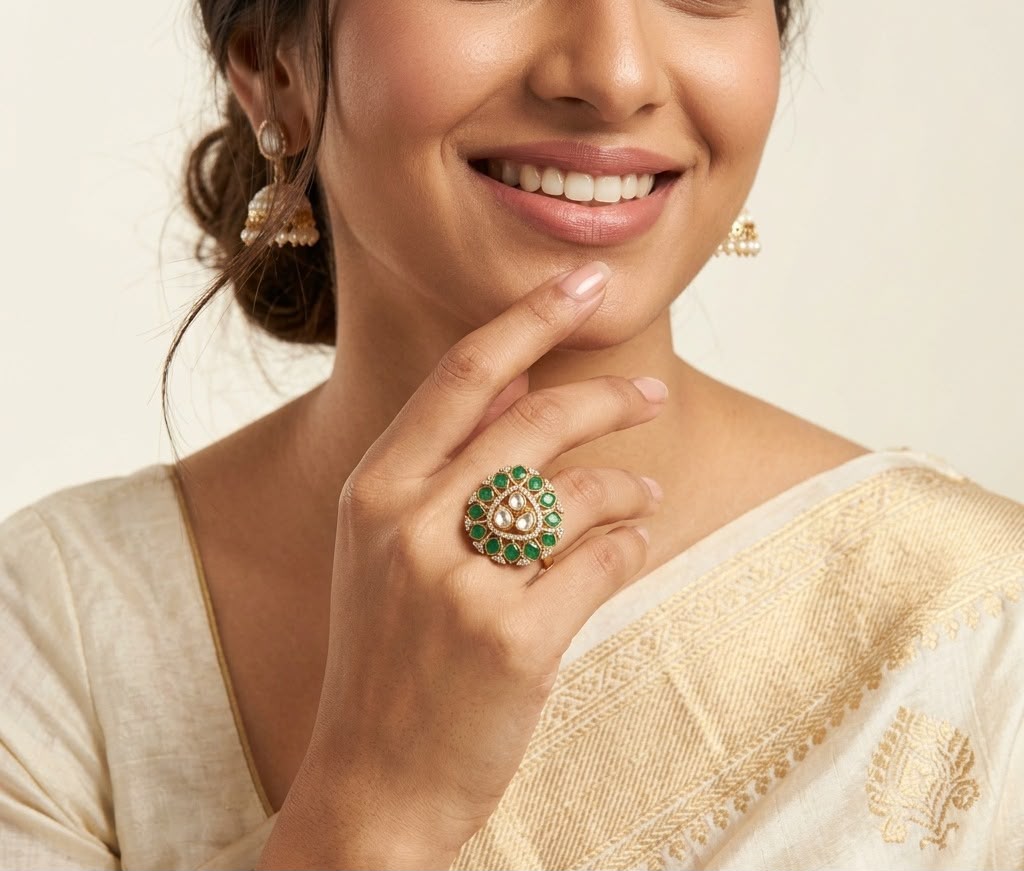 Green Gold Plated Kundan Ring