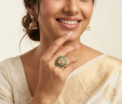 Green Gold Plated Kundan Ring