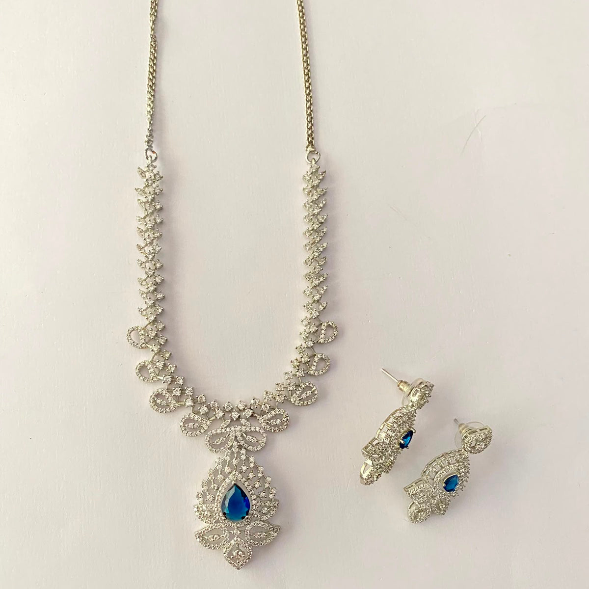 Silver Plated Blue Stone Diamond Necklace Set