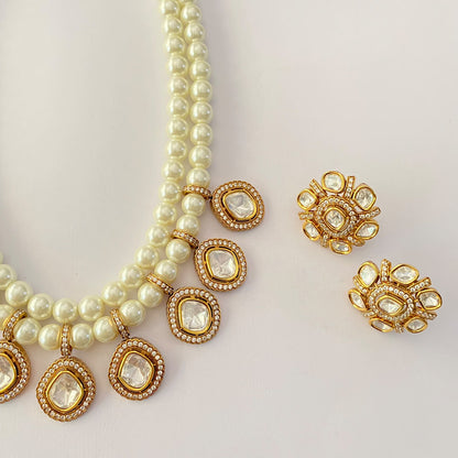 Pearl Double Line Antique Polki Necklace set