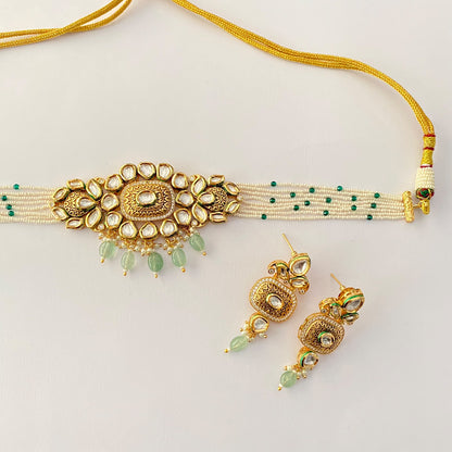 Kundan Gold Plated White Pearl Choker Set