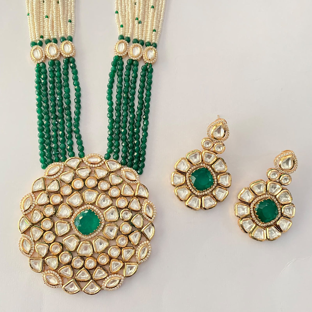 Gold Plated Kundan Green Long Necklace Set