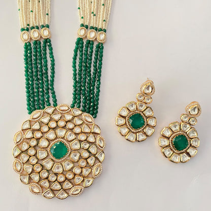 Gold Plated Kundan Green Long Necklace Set