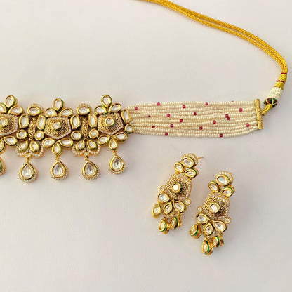 Gold Plated Kundan White Beads Choker Set