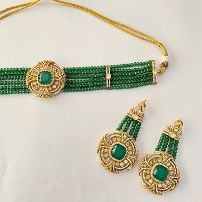 Antique Gold Green Beads Moissanite Choker Set