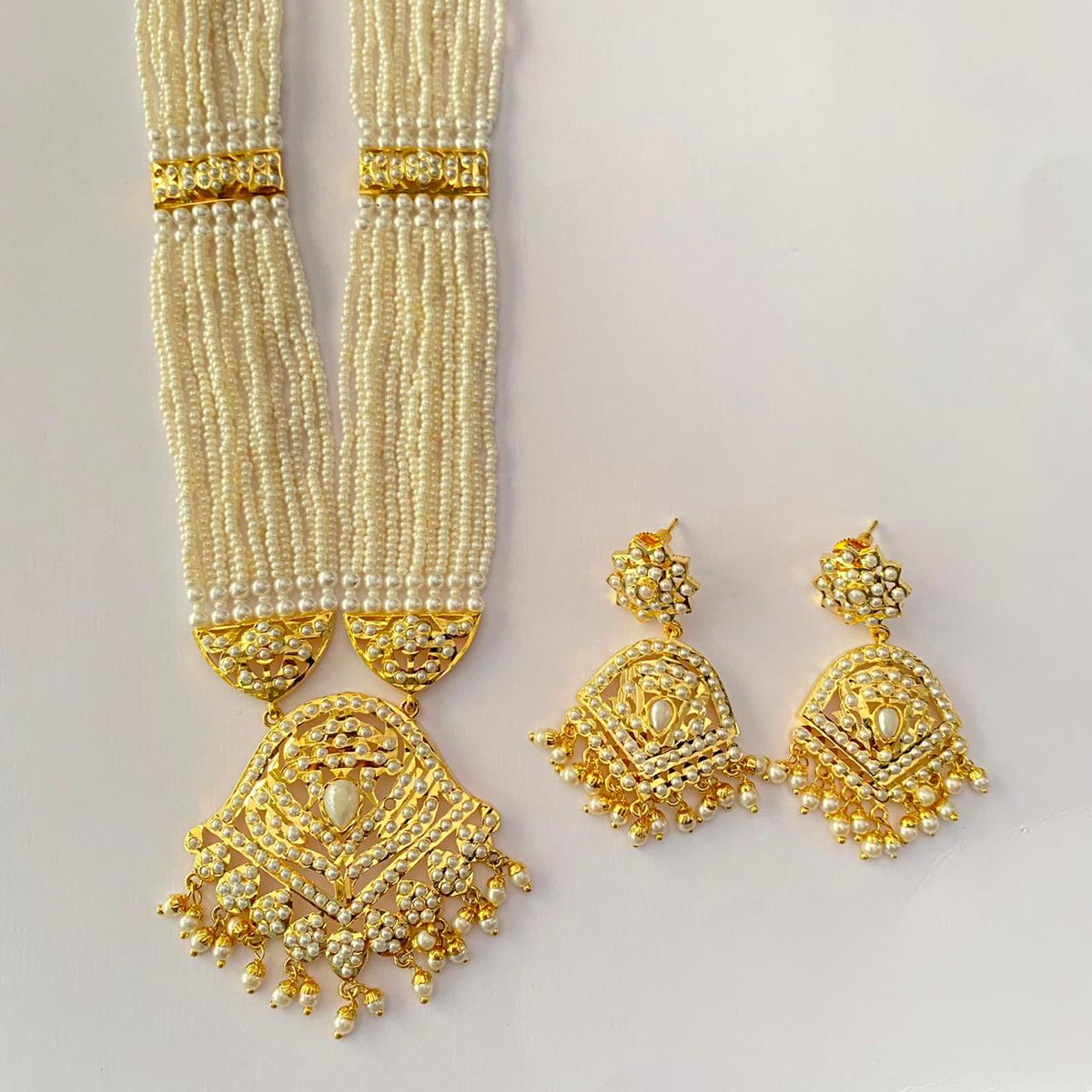 White Long Jadau Gold Plated Necklace Set