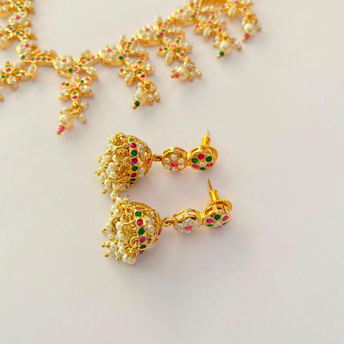 Ruby & Green Gold Plated Jadau  Necklace Set