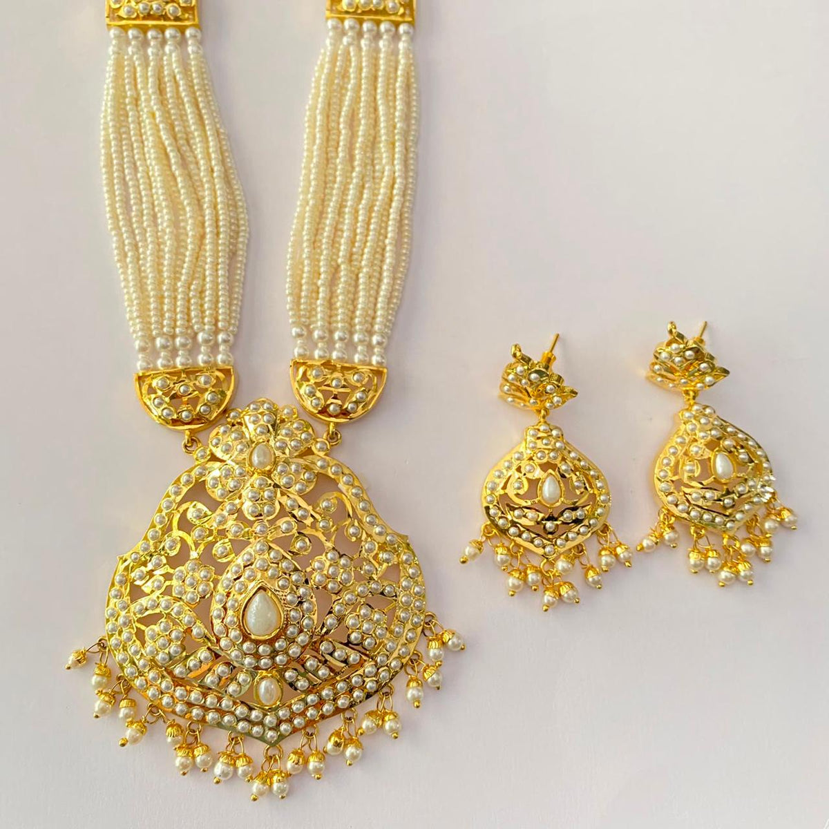 Gold Plated Long White Jadau Necklace Set
