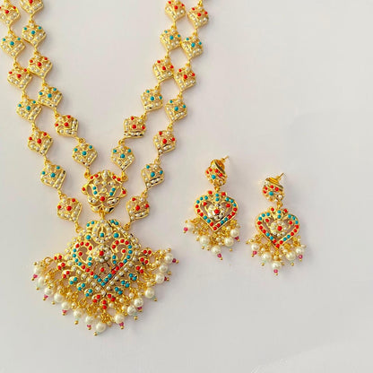 Gold Plated Double Line Jadau Necklace Set