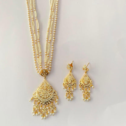 Gold Plated White Pearl Long Necklace Set
