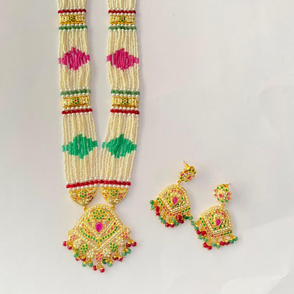 Long Ruby & Green Jadau Necklace Set