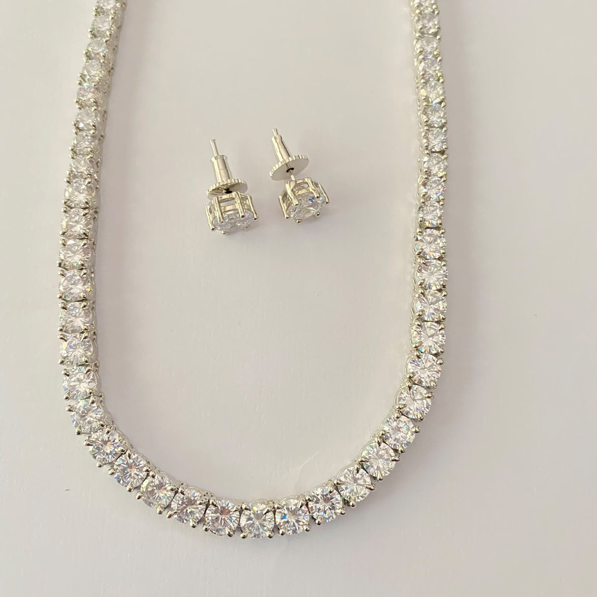 Silver Plated Single Line Tennis Necklace Set