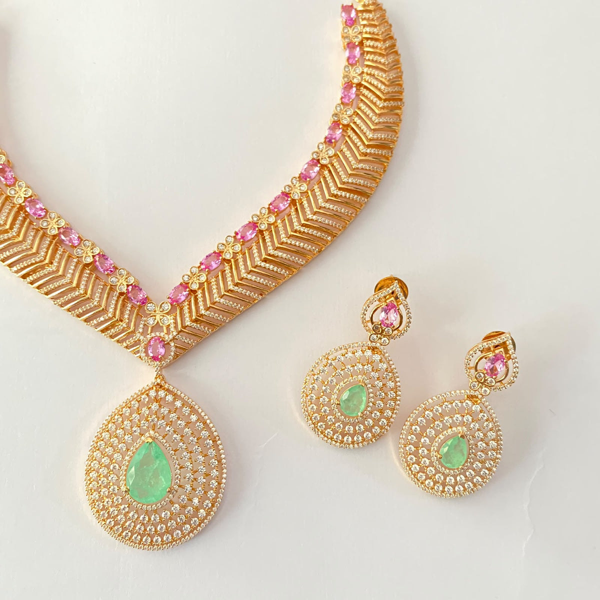Rose Gold Plated Aqua Stone Ruby Diamond V- Shape Necklace Set