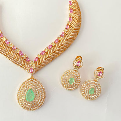 Rose Gold Plated Aqua Stone Ruby Diamond V- Shape Necklace Set