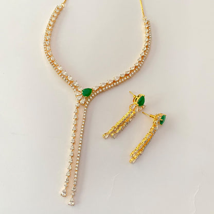 Diamond Sleek Gold Plated green Stone Necklace Set
