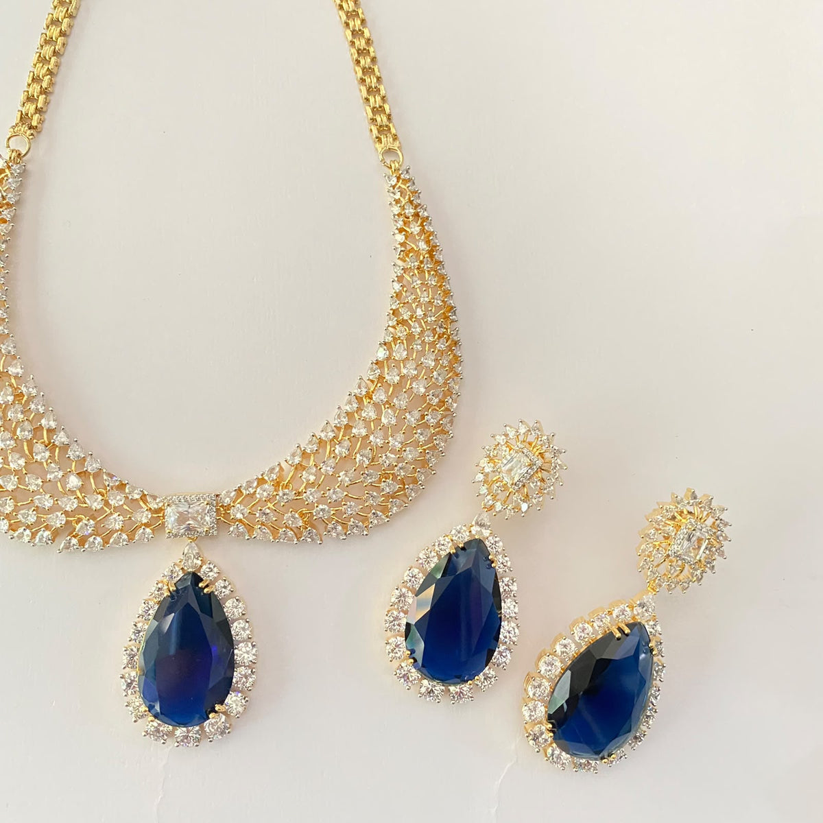 Blue Drop Stone Gold Plated Diamond Necklace Set