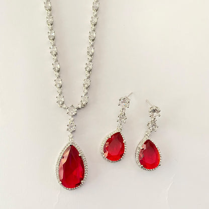 Silver Plated Ruby Drop Sleek Necklace Set