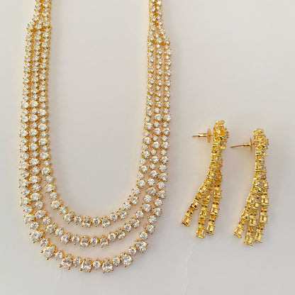 Diamond Three Line Long Diamond necklace Set