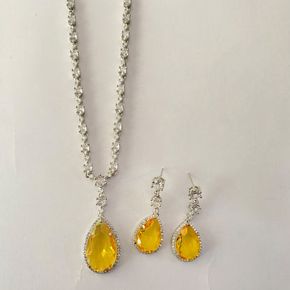 Yellow Drop Stone Diamond Silver Plated Necklace Set