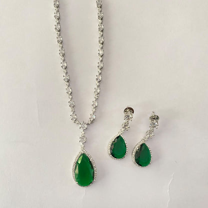 Green Drop Silver Plated  Diamond Necklace Set