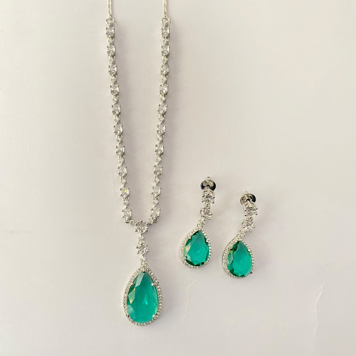 Aqua Drop Silver Plated Diamond  Necklace Set