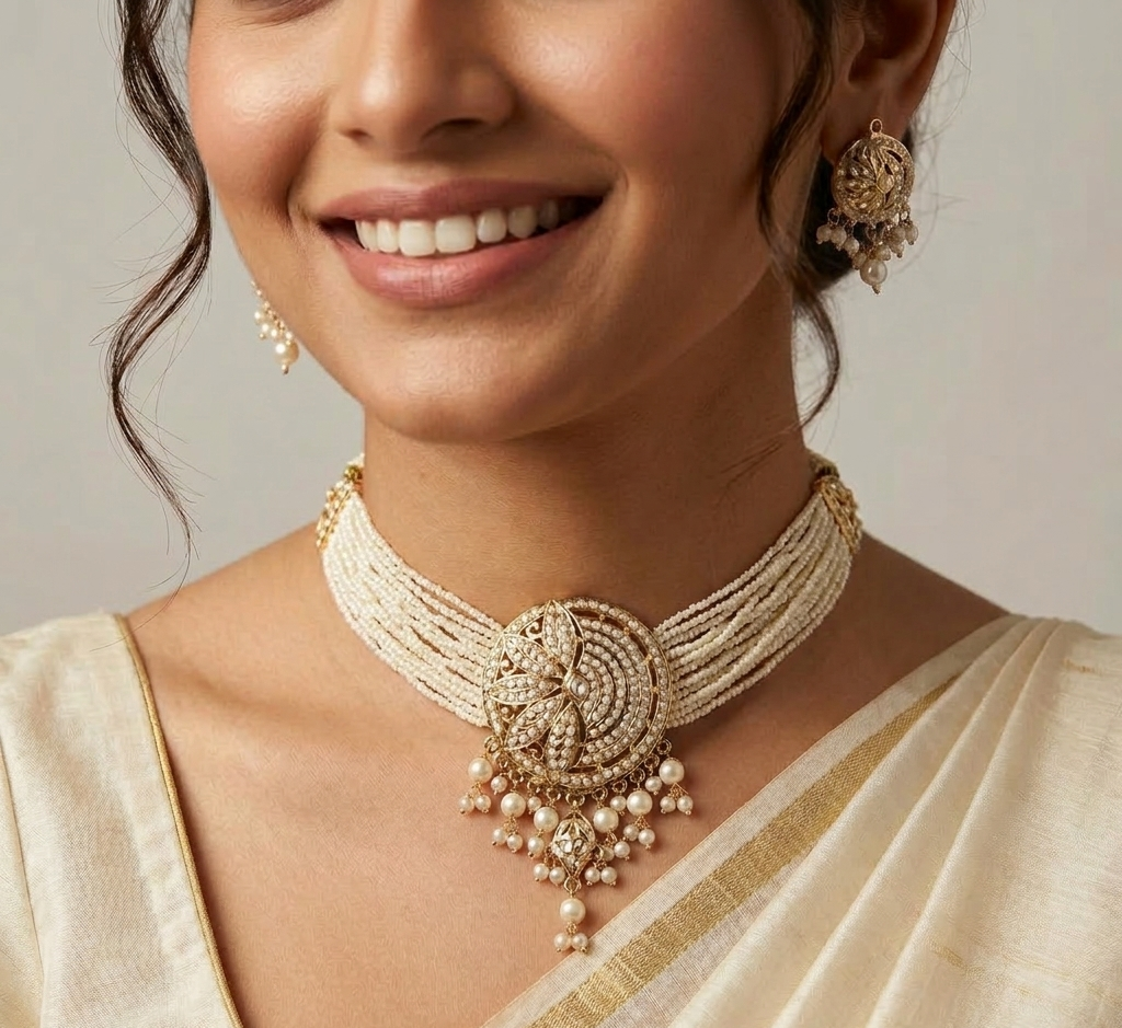 Jadau with White Beads Chokar Set