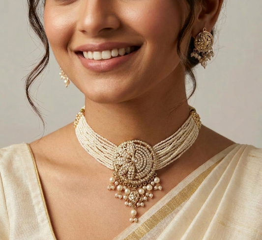 Jadau with White Beads Chokar Set