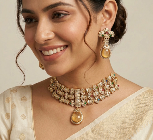 Peach Stone Antique Gold Plated Necklace Set