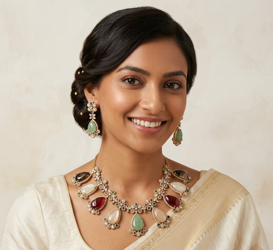 Multi color Antique Gold Plated Necklace Set