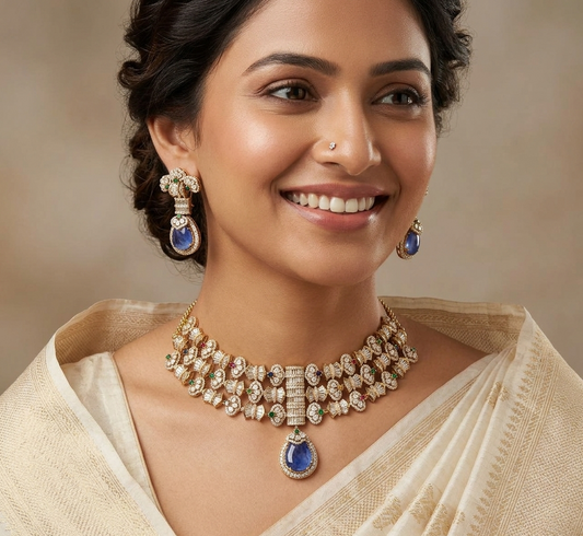 Blue Stone Antique Gold Plated Necklace Set